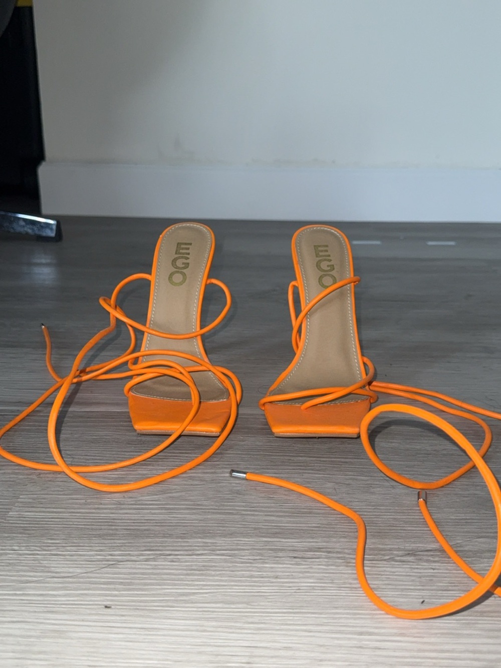 EGO Neon Orange Lace-Up Square-Toe Block Heels